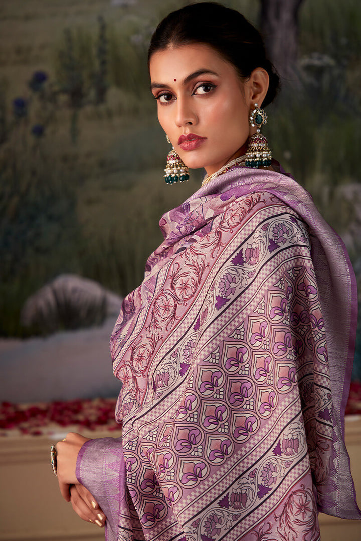 Languid Lavender Printed Tussar Silk Saree