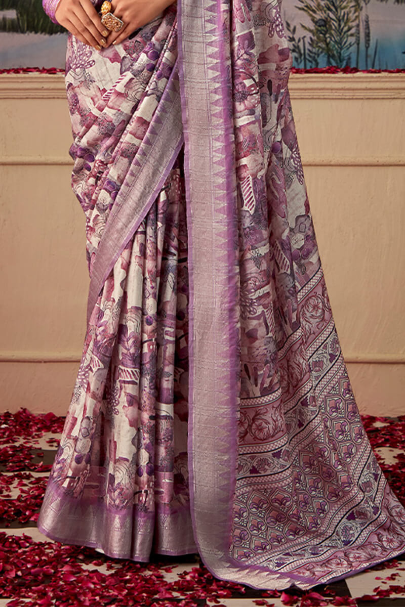 Languid Lavender Printed Tussar Silk Saree