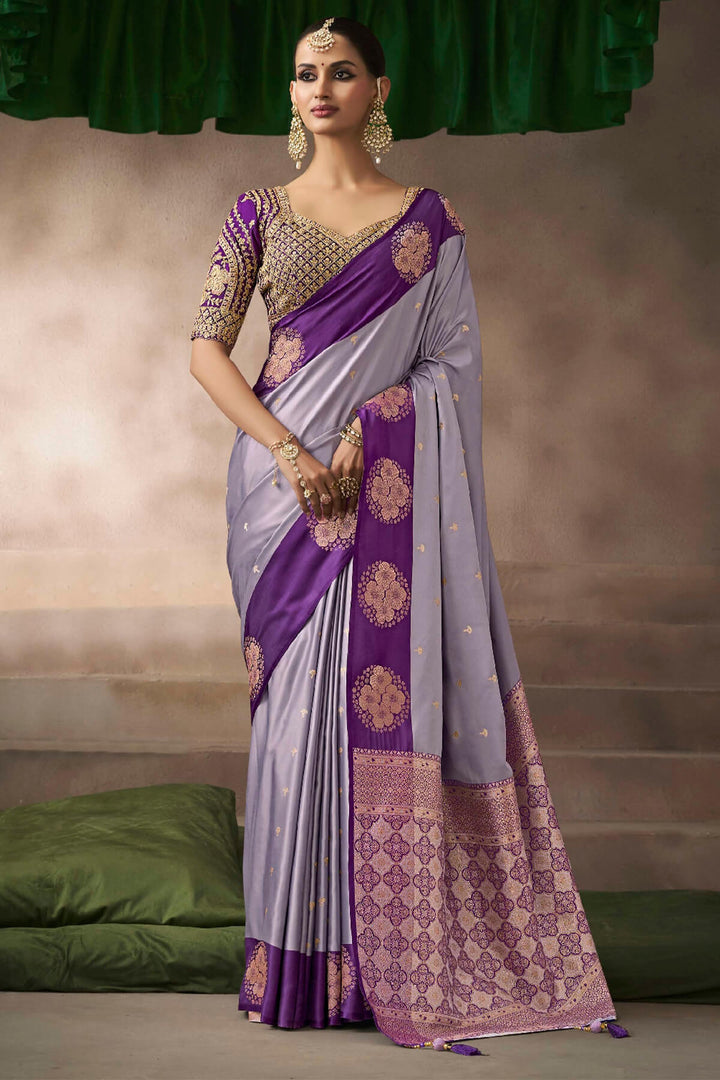Languid Lavender Zari Woven Satin Silk Saree With Heavy Embroidery Blouse Piece