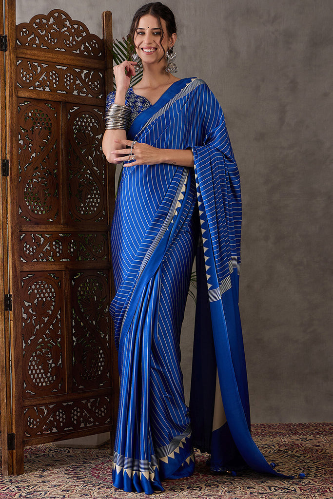 Lapis Blue Ajrakh Printed Satin Silk Saree