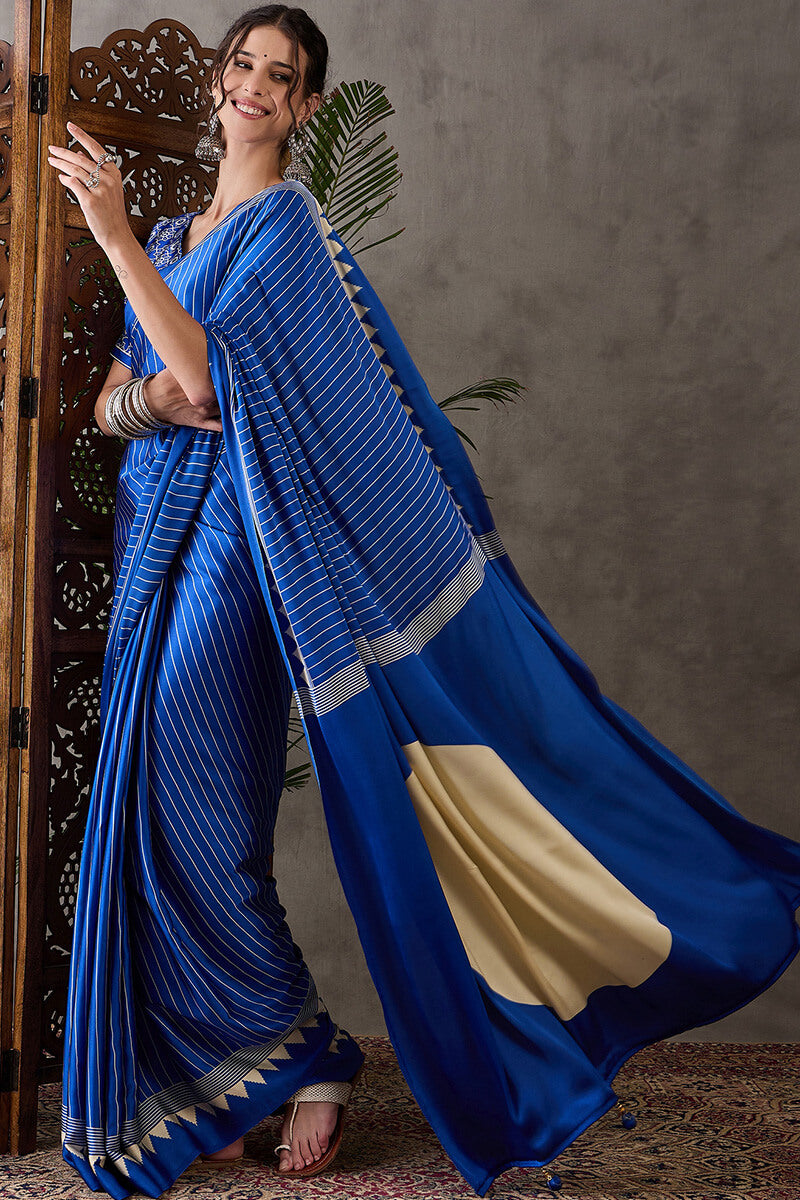Lapis Blue Ajrakh Printed Satin Silk Saree
