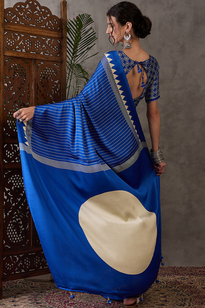Lapis Blue Ajrakh Printed Satin Silk Saree