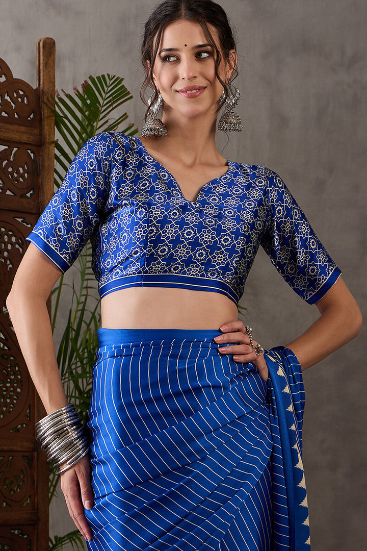 Lapis Blue Ajrakh Printed Satin Silk Saree