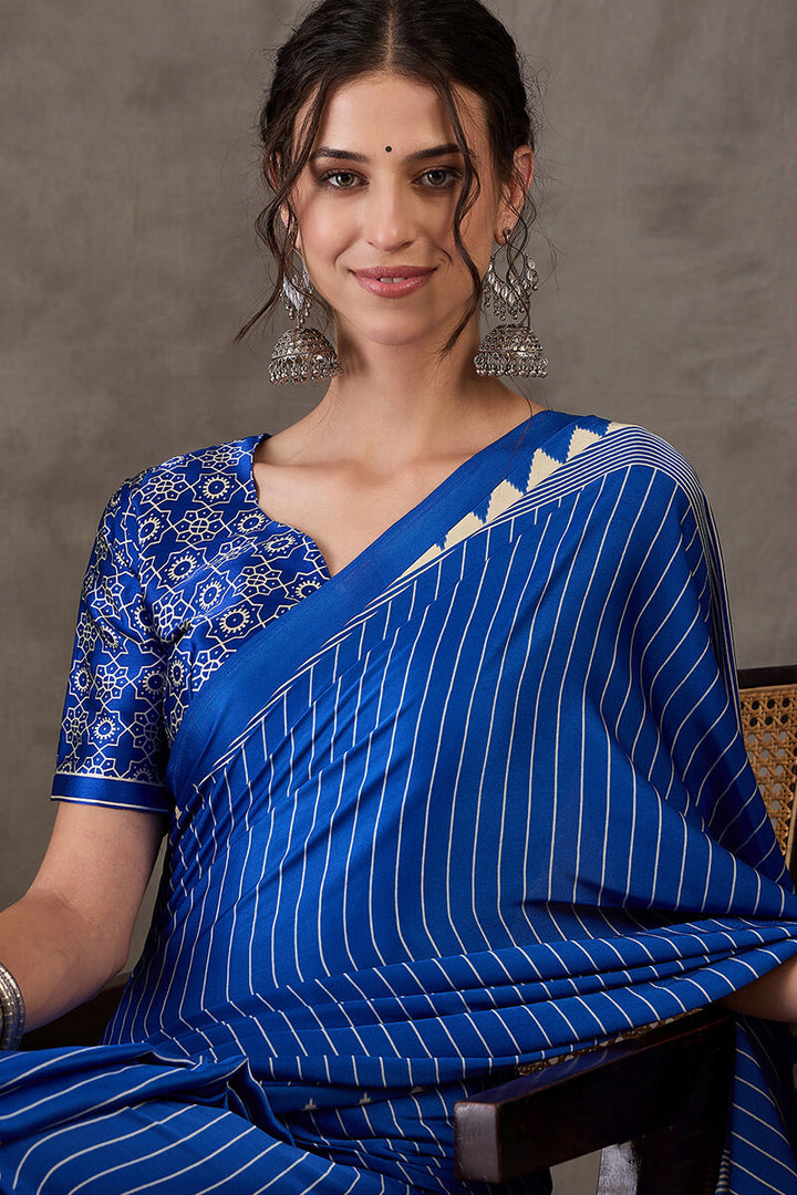 Lapis Blue Ajrakh Printed Satin Silk Saree