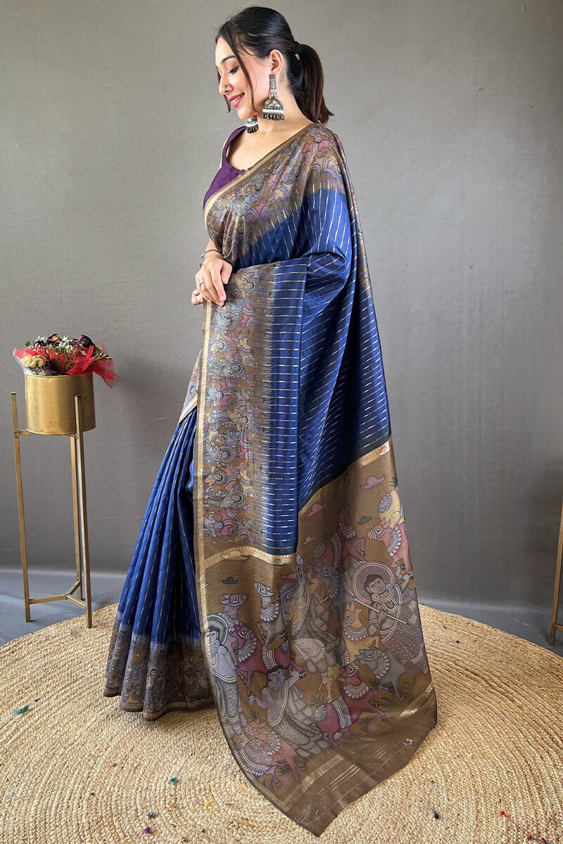 Lapis Blue Printed Chanderi silk saree