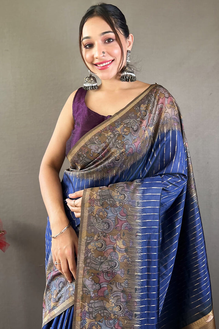 Lapis Blue Printed Chanderi silk saree