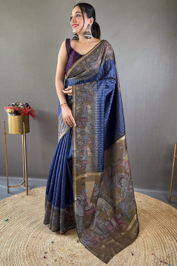 Lapis Blue Printed Chanderi silk saree