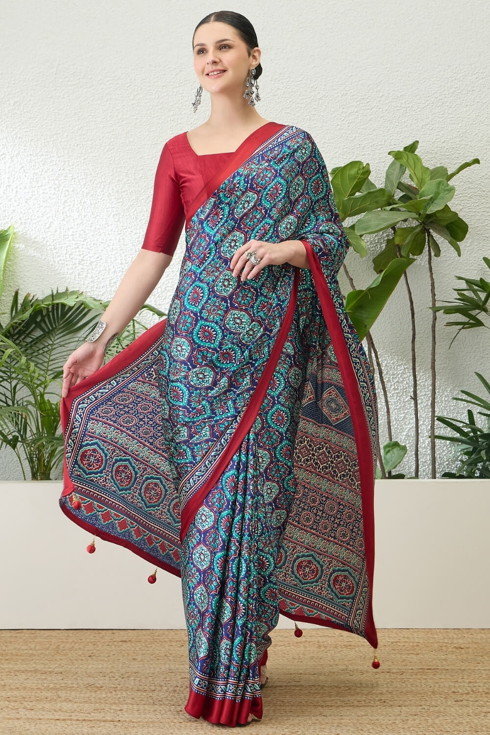 Lapis Blue Printed Satin Silk Saree