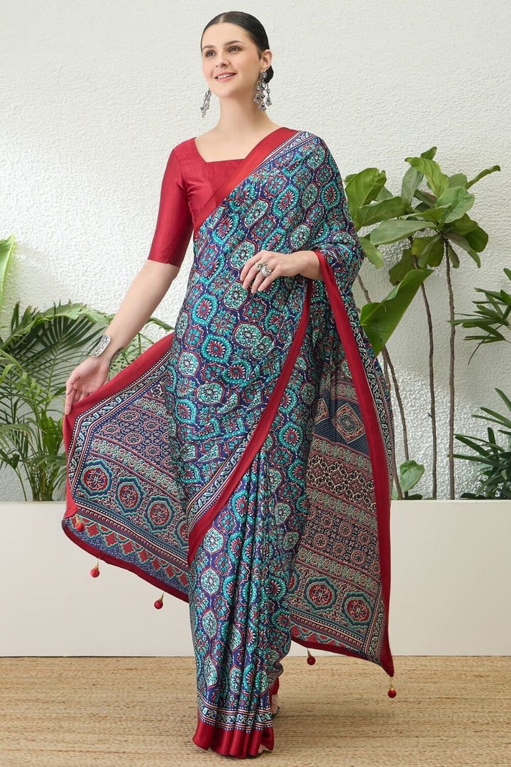 Lapis Blue Printed Satin Silk Saree
