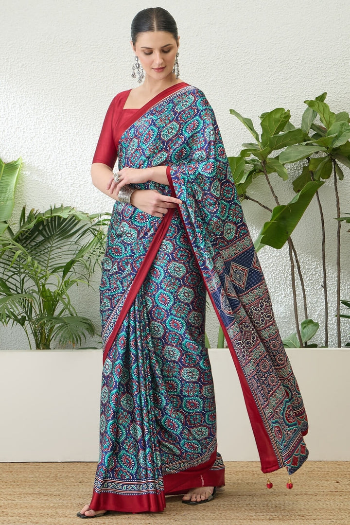 Lapis Blue Printed Satin Silk Saree