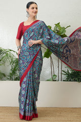Lapis Blue Printed Satin Silk Saree