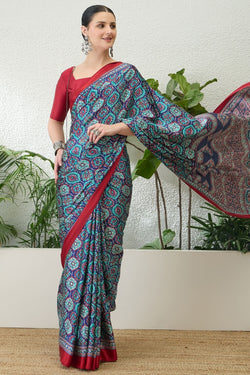 Lapis Blue Printed Satin Silk Saree