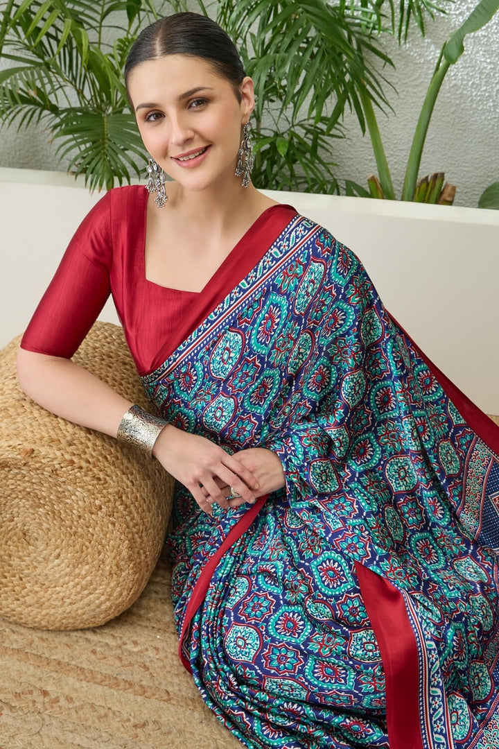 Lapis Blue Printed Satin Silk Saree