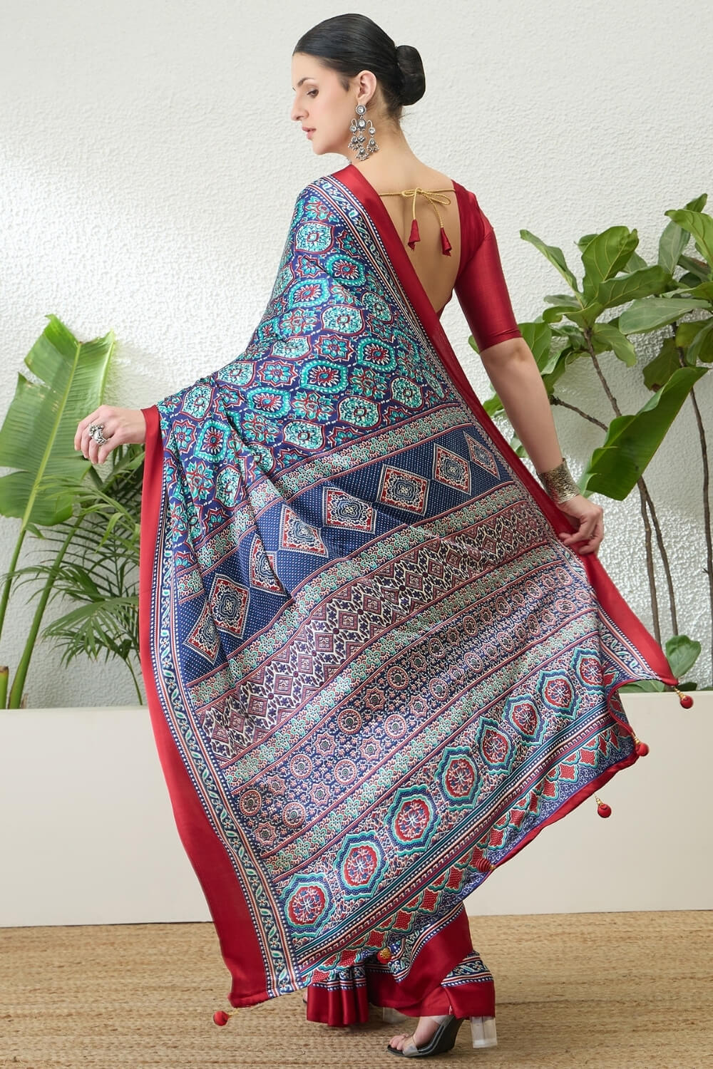 Lapis Blue Printed Satin Silk Saree