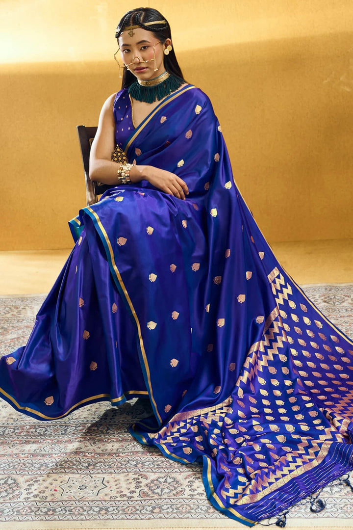 Lapis Blue Zari Woven Banarasi Satin silk saree