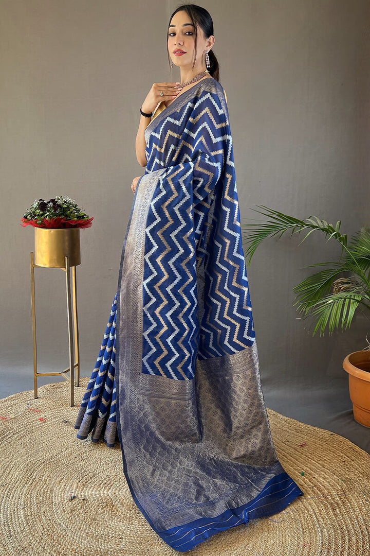 Lapis Blue Zari Woven Linen Cotton Silk Saree