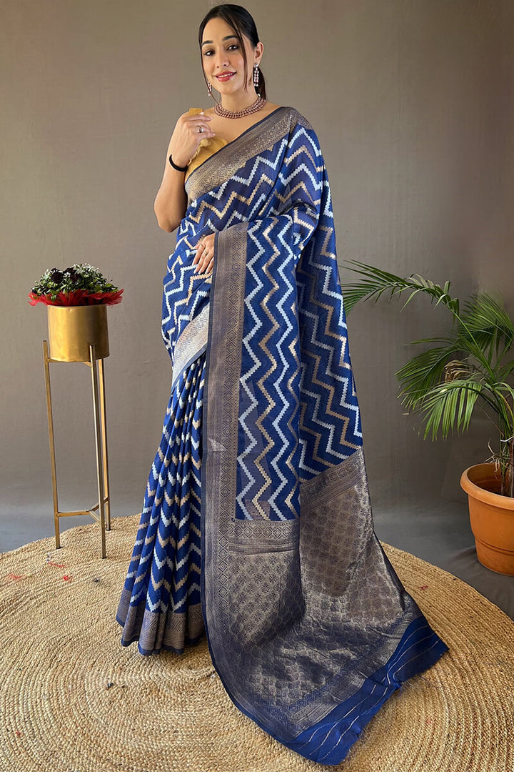 Lapis Blue Zari Woven Linen Cotton Silk Saree