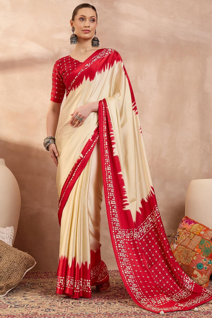 Latte Beige Printed Satin Silk Saree