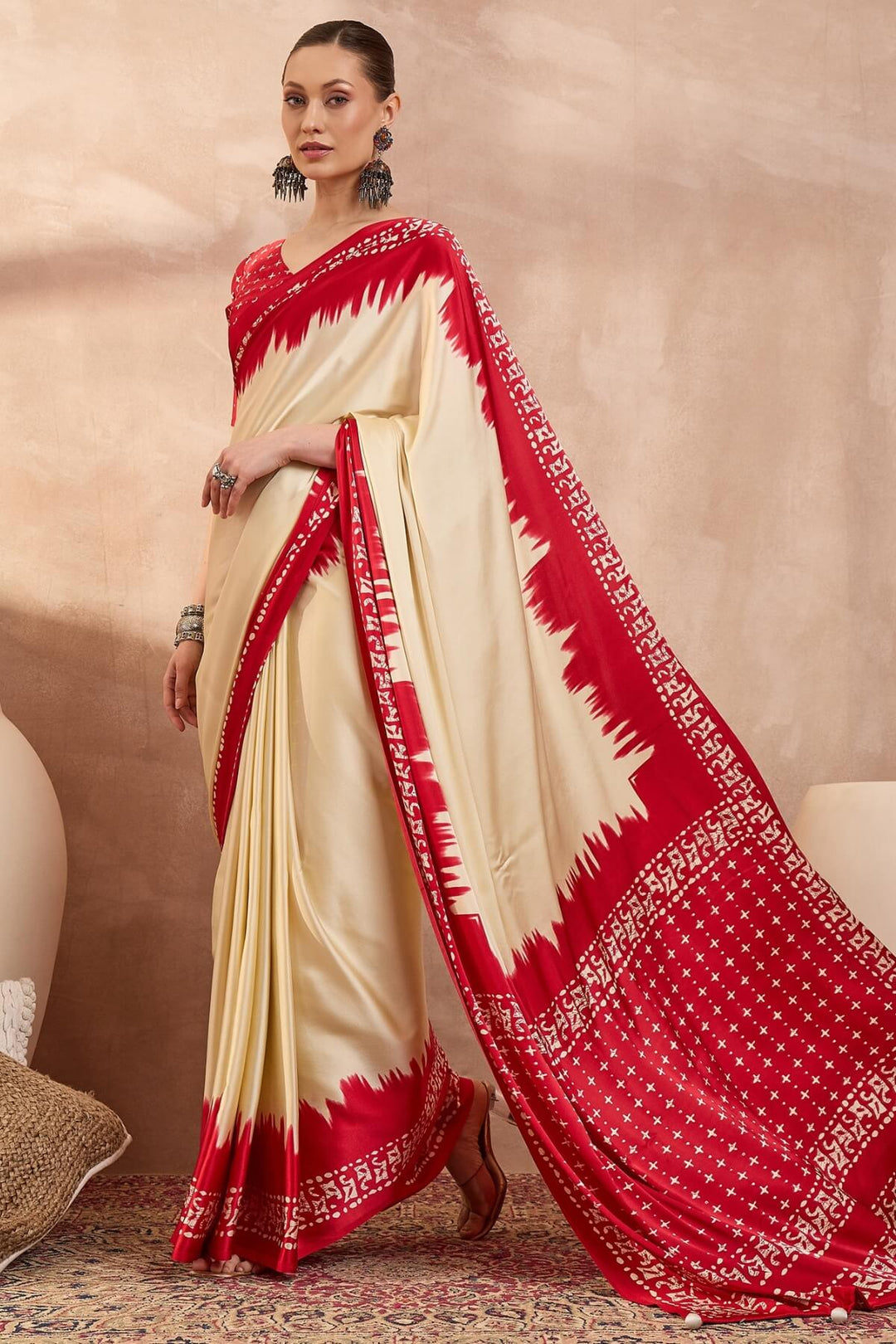 Latte Beige Printed Satin Silk Saree
