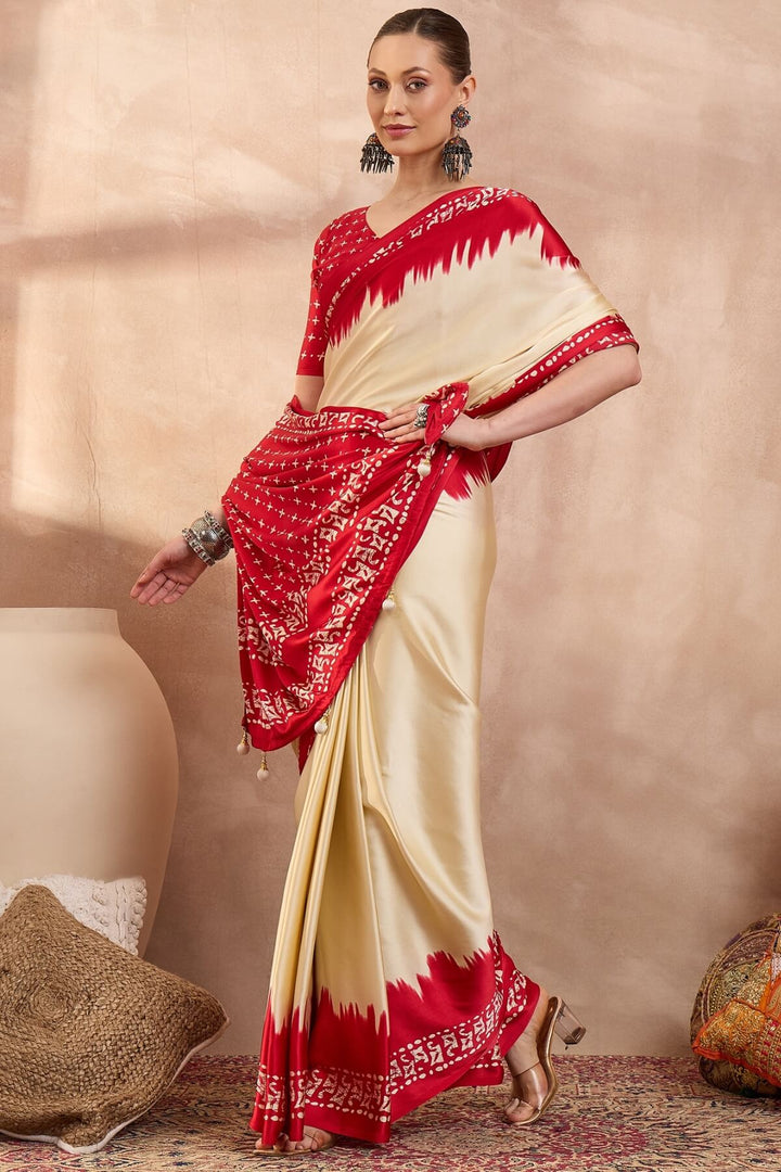Latte Beige Printed Satin Silk Saree