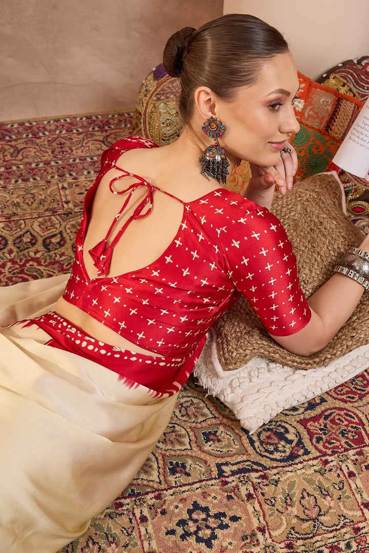 Latte Beige Printed Satin Silk Saree