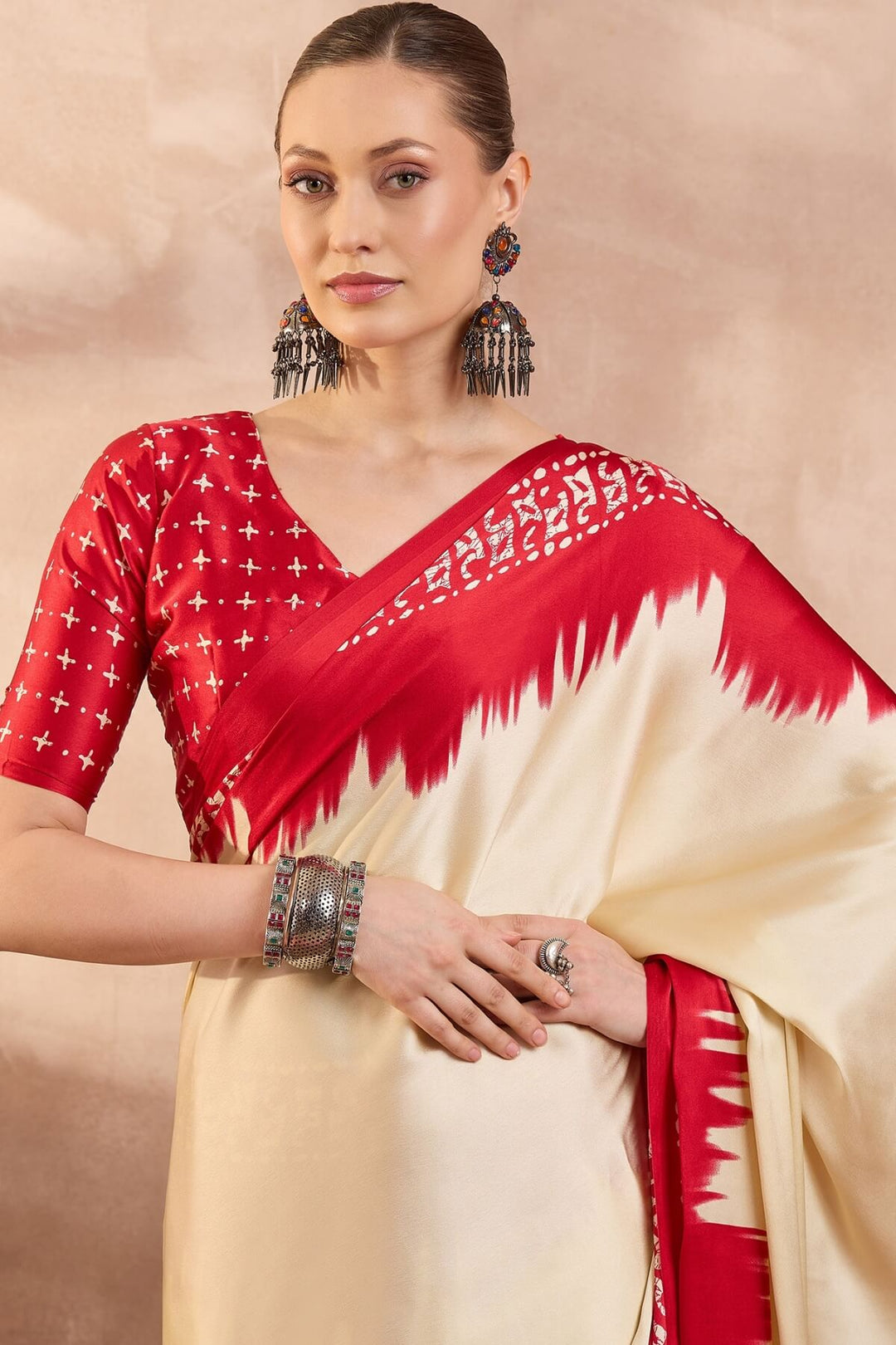 Latte Beige Printed Satin Silk Saree