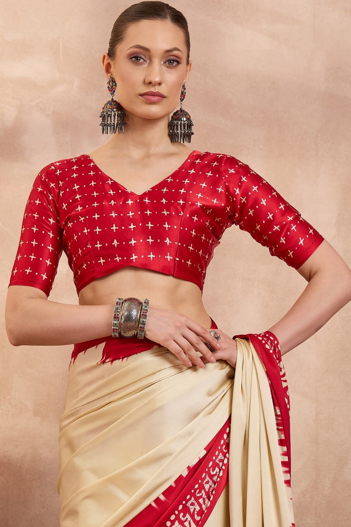 Latte Beige Printed Satin Silk Saree