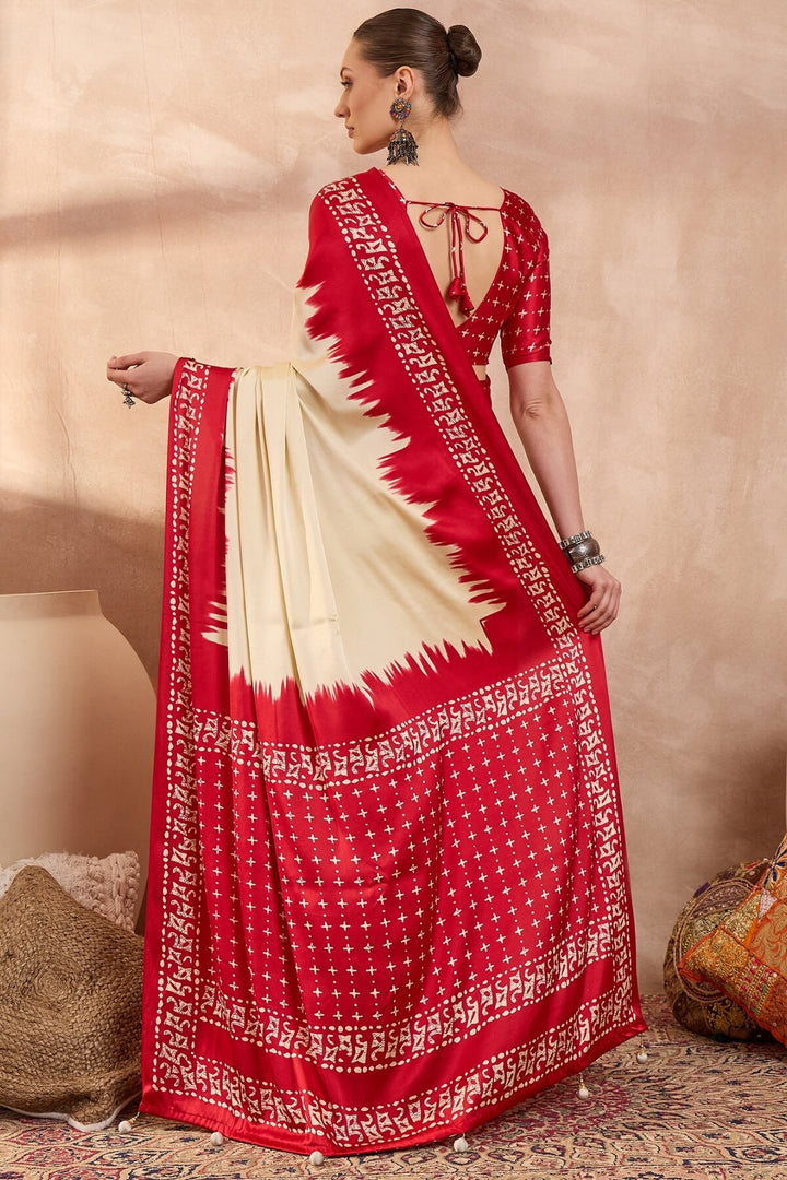 Latte Beige Printed Satin Silk Saree