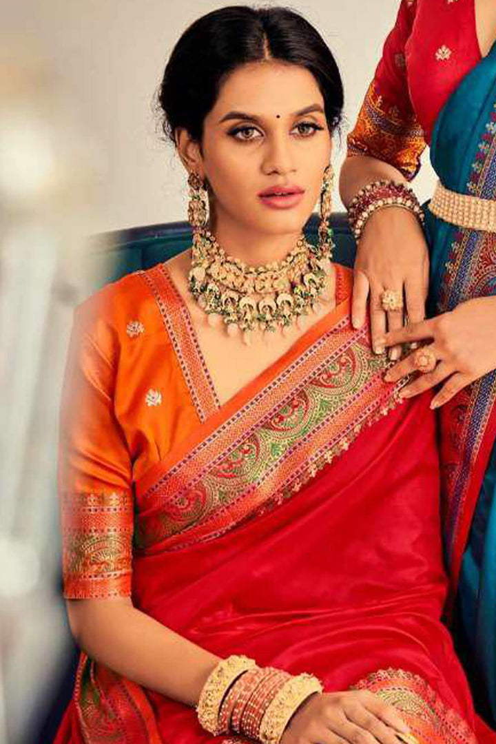 Lava Red Soft Paithani Silk Saree