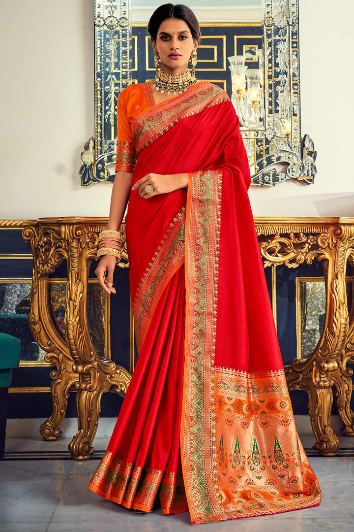 Lava Red Soft Paithani Silk Saree
