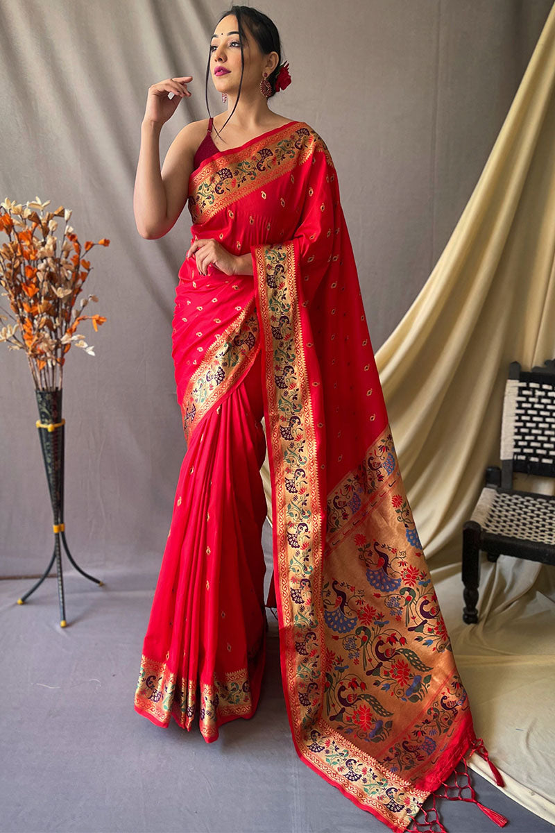 Lava Red Zari Woven Paithani Silk Saree