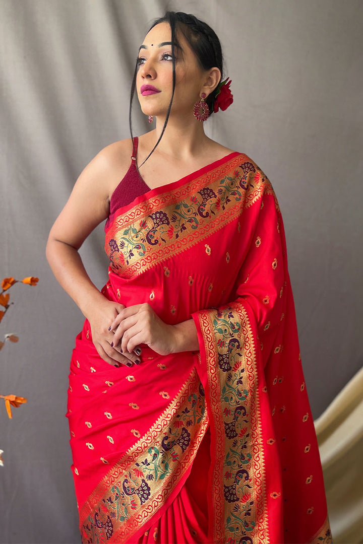 Lava Red Zari Woven Paithani Silk Saree