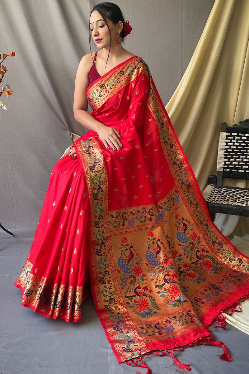 Lava Red Zari Woven Paithani Silk Saree