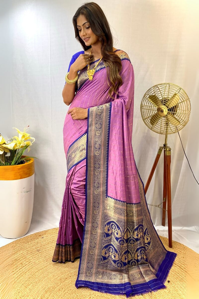 Lavender Pink Zari Woven Banarasi Silk Saree