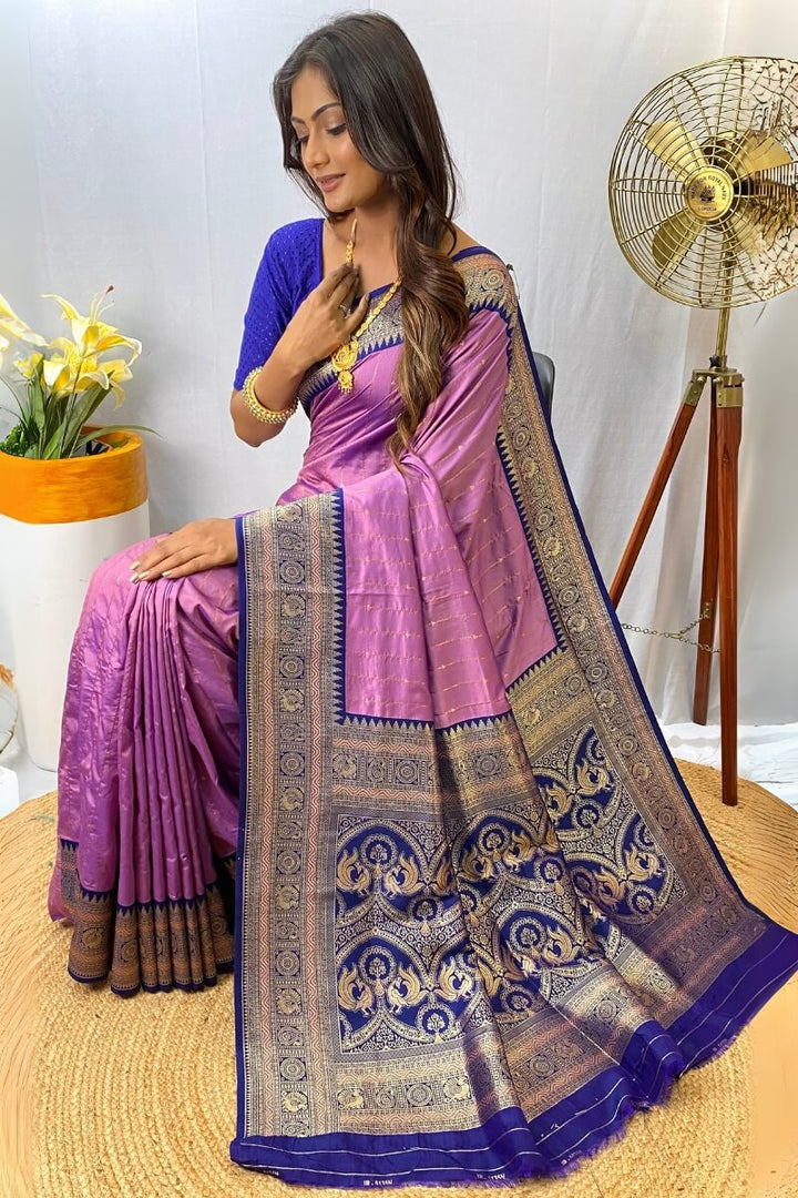 Lavender Pink Zari Woven Banarasi Silk Saree