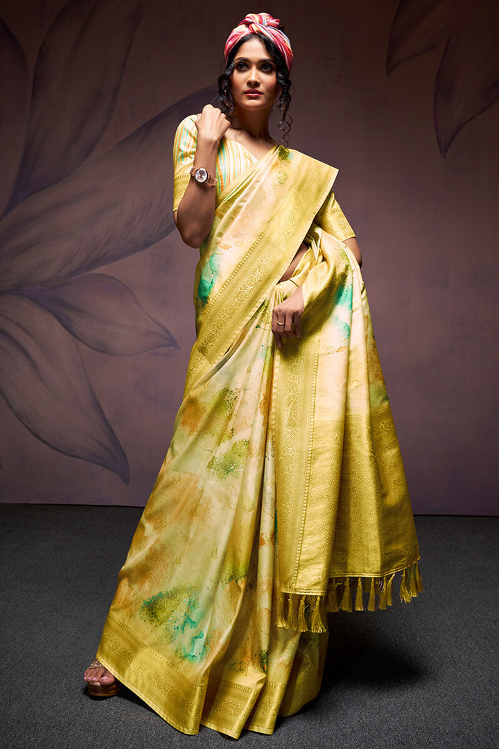 Lemon Yellow Printed Soft Silk Saree