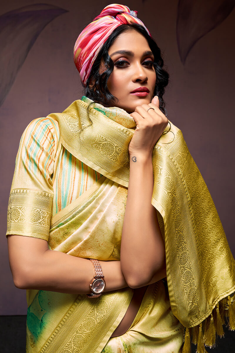 Lemon Yellow Printed Soft Silk Saree