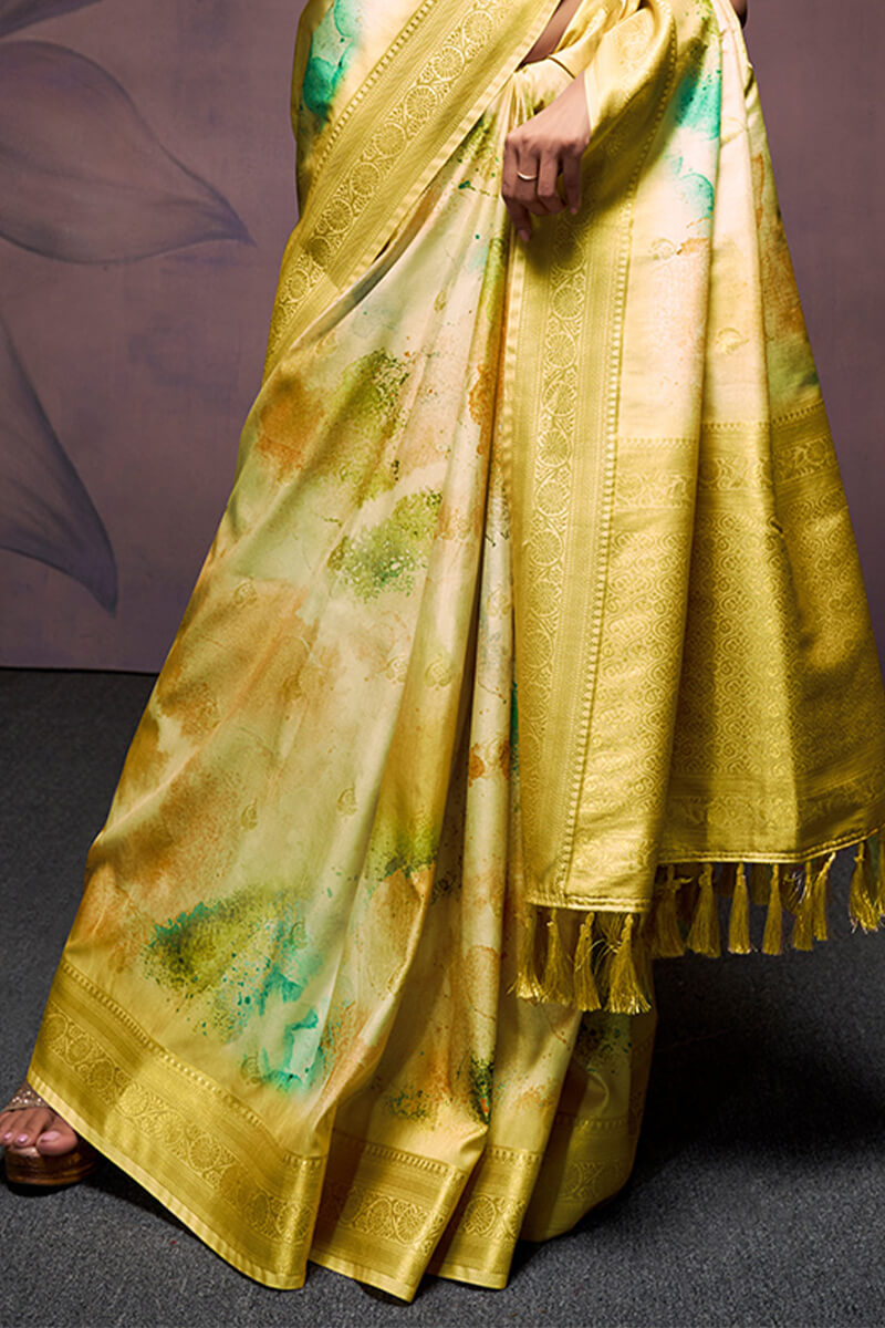 Lemon Yellow Printed Soft Silk Saree