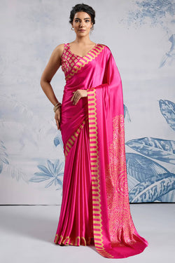 Lemonade Pink Ajrakh Printed Satin Crepe Silk Saree