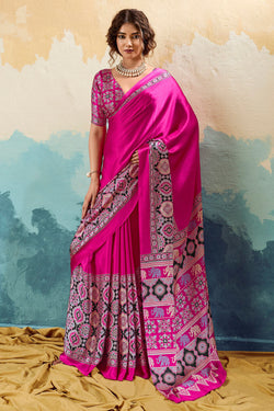 Lemonade Pink Ajrakh Printed Satin Silk Saree