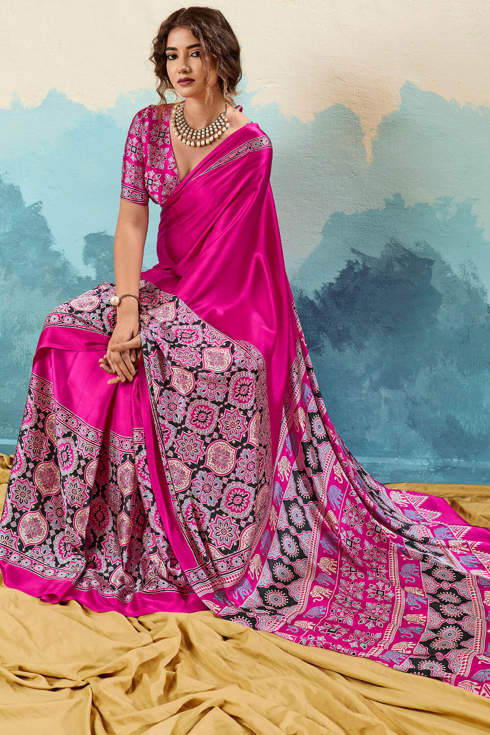 Lemonade Pink Ajrakh Printed Satin Silk Saree