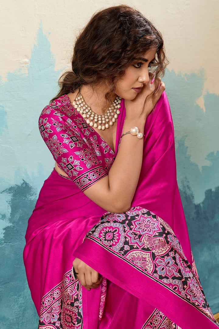 Lemonade Pink Ajrakh Printed Satin Silk Saree