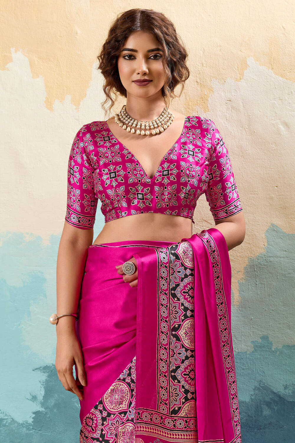 Lemonade Pink Ajrakh Printed Satin Silk Saree