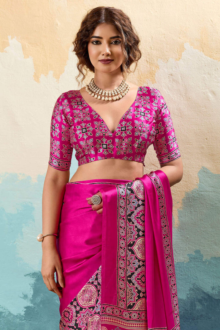 Lemonade Pink Ajrakh Printed Satin Silk Saree
