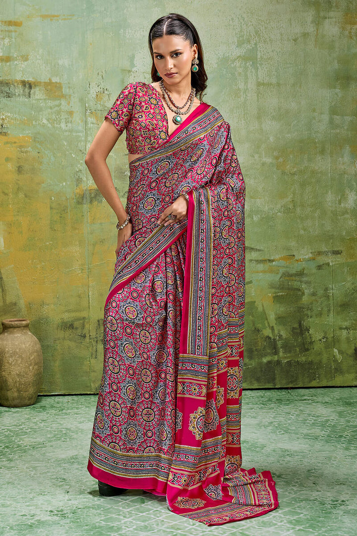 Lemonade Pink Ajrakh Printed Semi Modal Satin Silk Saree