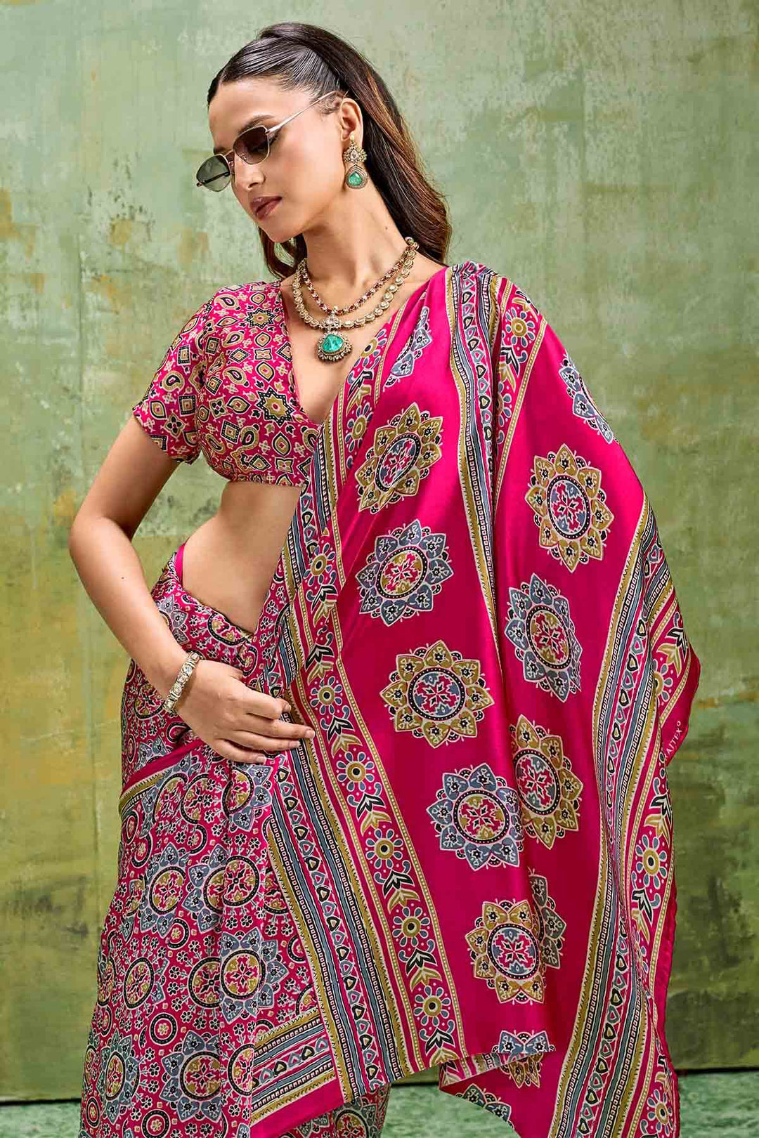 Lemonade Pink Ajrakh Printed Semi Modal Satin Silk Saree