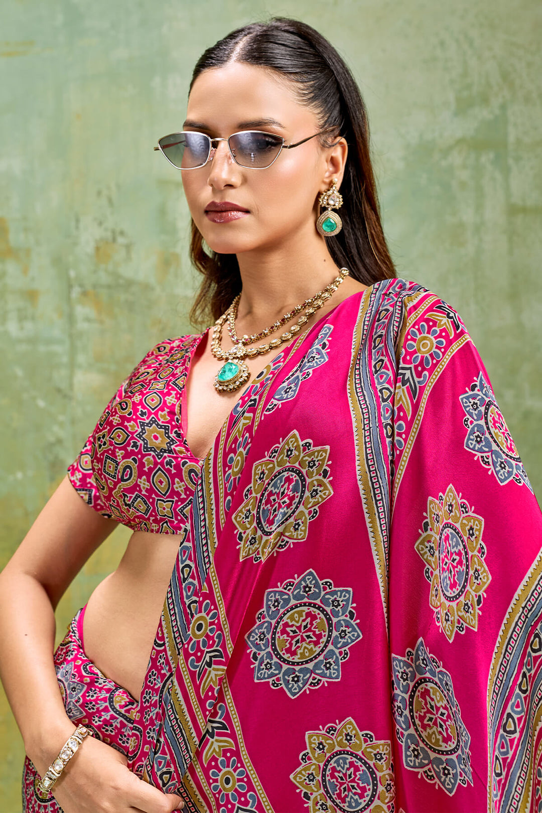 Lemonade Pink Ajrakh Printed Semi Modal Satin Silk Saree