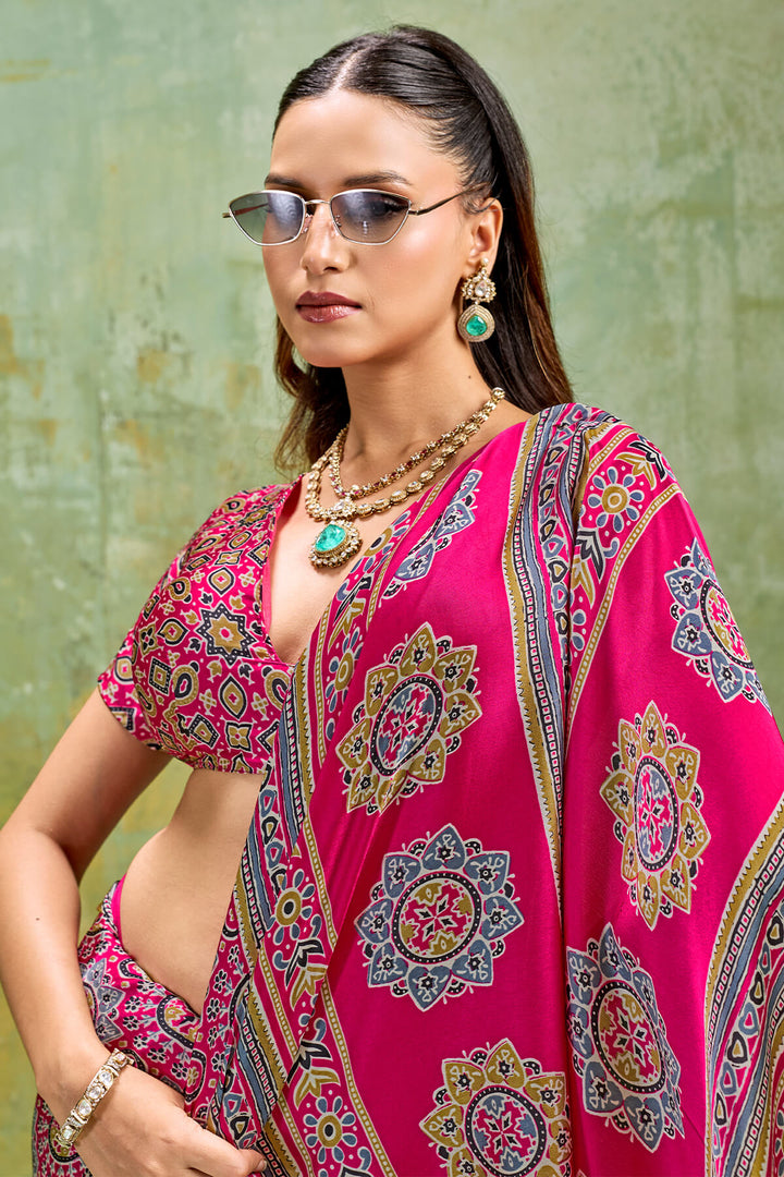 Lemonade Pink Ajrakh Printed Semi Modal Satin Silk Saree