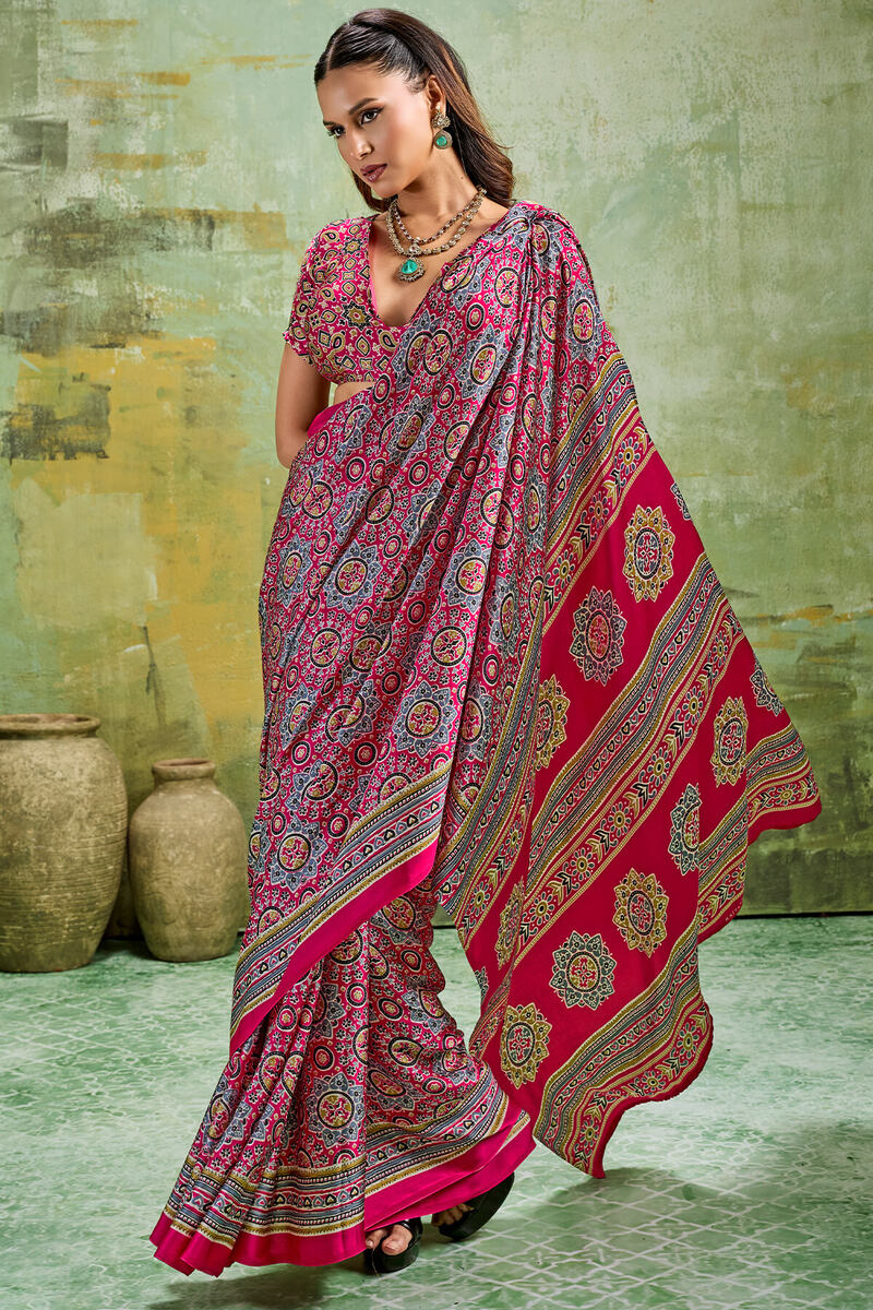 Lemonade Pink Ajrakh Printed Semi Modal Satin Silk Saree
