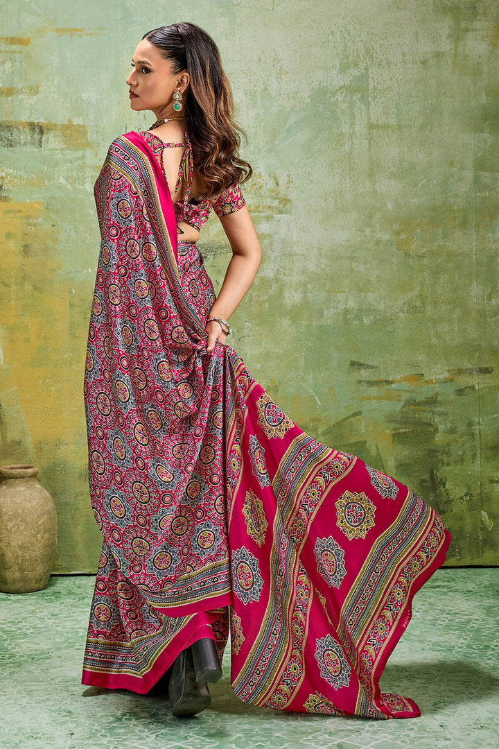Lemonade Pink Ajrakh Printed Semi Modal Satin Silk Saree